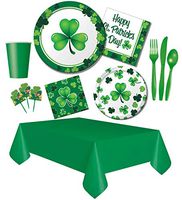 St. Patrick's Green Shamrock & Leprechaun Party Supply Set - Disposable Paper Lunch Plates & Napkins, Cups, Plastic Cutlery, Table Cover, Appetizer Picks - Serves 16
