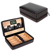 Portable Genuine Leather Cedar Cigar Travel Case Cedar Humidor with Digital Hygrometer Cutter Stand Set Wooden Box (B)