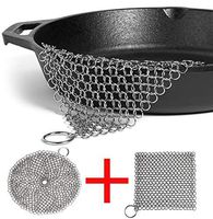 LOOCH Cast Iron Cleaner 2 Pack- 8"x6" and 7”x7” More Efficient Stainless Steel Chainmail Scrubber for Cast Iron Pan Pre-Seasoned Pan Dutch Ovens Waffle Iron Pans Scraper Cast Iron Grill Scraper Skill