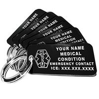 My Identity Doctor - Custom Engraved Medical Alert ID Keychain Tags, Small Black Plastic Rectangle, 2.25 x .79 Inch, 6 Pack