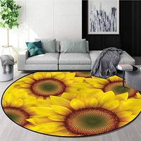 Yellow Washable Creative Modern Round Rug,Sun Flower Field in Summer Protect Floors While Securing Rug Making Vacuuming Diameter-35