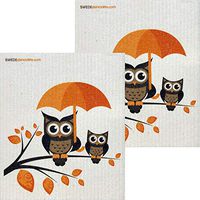 Owls with Umbrella Set of 2 Each Swedish Dishcloths | ECO Friendly Absorbent Cleaning Cloth | Reusable Cleaning Wipes