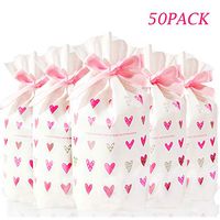 Valentines Day Party Supplies Treat Bags Cookie Goodie Bags Cellophane Bags, 50 Pack Hearts Drawstring Candy Buffet Gift Wrapping Bags for School Kids Classroom Wedding Party Bridal Engagement Favor