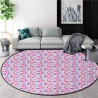 Purple Art Deco Pattern Non-Slip Backing Machine Washable Round Area Rug,Valentines Day Hearts with Verical Abstract Stipes Vintage Sentimental Composition Floor Mat Home Decor Round-59 Inch