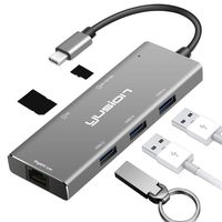 USB C 6-in-1 Hub,Yusion USC-C 3.1 Multiport Adapter with RJ45 Gigabit Ethernet LAN Network,3 USB3.0 Ports,SD/TF,for MacBook Pro,Chromebook and More USB C Devices (Grey-2)