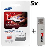5 PACK - Samsung Evo Plus 128GB MicroSD XC Class 10 UHS-1 80mb/s Mobile Memory Card 128G MB-MC128DA with Adapter LOT OF 5 and USB 2.0 MemoryMarket dual slot MicroSD & SD Memory Card Reader