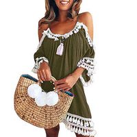 JQjian Women Fashion Off Shoulder Dress Tassel Short Sleeve Cocktail Party Beach Dresses Sundress (XL, Army Green)