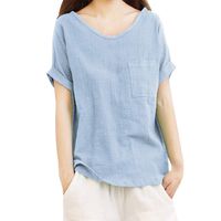 Clearance! Women Plus Size Short Sleeve Linen Shirt Casual Oversized Baggy Top (2XL, Y-Blue)