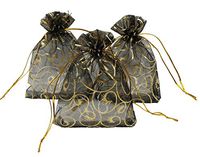 Ankirol 100pcs Eyelash Organza Wedding Favor Bags Luxury Jewelry Candy Gift Card Bags with Gold Line Drawstring Pouches (Black, 5x7)