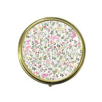 Meadow Flowers And Butterflies Custom Fashion Bronze Tone Round Pill Box Medicine Tablet Holder Wallet Organizer Case for Pocket or Purse
