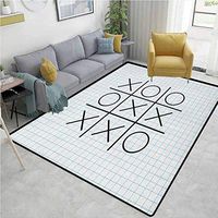 YucouHome Xo Nautical Area Rug Bedroom, Tic Tac Toe Motif on Square Striped Notebook Background School Artistic Design, Fashionable High Class Living Bedroom Rugs(3'x 5') Pale Blue Black