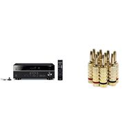 Yamaha RX-V485BL 5.1-Channel 4K Ultra HD AV Receiver with MusicCast - Black & Monoprice Gold Plated Speaker Banana Plugs - 5 Pairs - Closed Screw Type, for Speaker Wire, Wall Plates and More