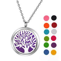 Yeenee Aromatherapy Essential Oil Diffuser Necklace Sliver Tone Stainless Steel Tree of Life Locket Pendant 11 Refill Pads
