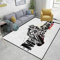 Motorcycle Floral Area Rug Soft, Motorbike Illustration Doted Grungy Background Super Bike Passion Silhouette, Durable Rugs - Living, Dinning, Office, Rooms & Bedrrom, Hallway Carpet(2.5'x 9')