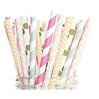 Paper Straws Vintage Pink, Grey, Gold, Peach- Disposable Straws (125 Straws)