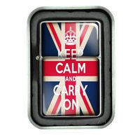 Windproof Refillable Oil Lighter with Tin Gift Box Keep Calm and Carry On UK Flag Design-009