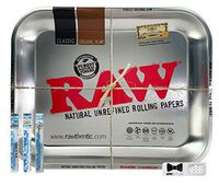 RAW Large Rolling Tray “Metallic”, Cyclones Clear King Size Pre Rolled Cones (Ice Dream, Blue Chill, Natural), with Hippie Butler Grinder Card - 5 Item Bundle