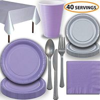 Disposable Party Supplies, Serves 40 - Lavender and Silver - Large and Small Paper Plates, 12 oz Plastic Cups, Heavyweight Cutlery, Napkins, and Tablecloths. Full Two-Tone Tableware Set