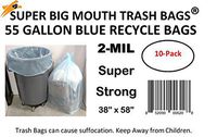 Super Big Mouth Trash Bags® 55 Gallon Blue Tinted Recycle Trash Garbage Bags 2-MIL 38"W x 58"H - 10 Pack