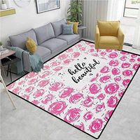 YucouHome Hello Animals Area Rug Office, Hand Lettering Quote on Retro Floral Style Background with Watercolor Buds, Durable Carpet Area Rug - Living Dinning Room Bedroom Rugs and Carpets(6'x 9')