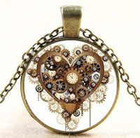 Vintage Steampunk Heart Photo Cabochon Glass Bronze Chain Pendant Necklace New F Prom Woman Pretty Bright Stylish Cheap Women Aesthetic Fashionable Beads