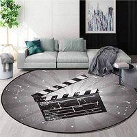 RUGSMAT Movie Theater Art Deco Pattern Non-Slip Backing Round Area Rug,Clapper Board On Retro Backdrop with Grunge Effect Director Cut Scene Study Super Soft Carpet,Round-47 Inch Grey Black White