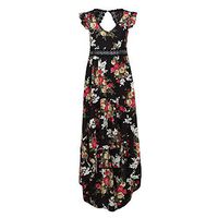 Danhjin Women Deep V Neck Summer Floral Flower Sexy Backless Irregular Swallowtail Maxi Skirt Sweet Print Asymmertrical Dress Black