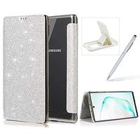Silver Glitter Leather Case for Galaxy Note 10 Plus,Wallet Flip Case for Galaxy Note 10 Plus,Herzzer Luxurious Noble Premuim Bling Technology Electroplating Crystal TPU Shockproof Case with Card Slot