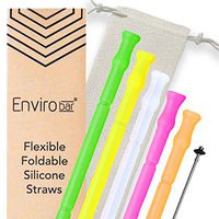 Silicone Collapsible Drinking Straw - Washable, Folding, Reusable, and Portable Straws for Travel - 7 Piece Set | Includes Cleaning Brush and Carrying Case, Great for Cocktails (Neon 5PK, Flexible)