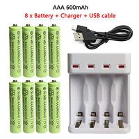 AAA Ni-MH Rechargeable 1.2v Batteries 8 x 600mAh AAA Battery + 4 Slots Ports AA and AAA Battery Charger, Auto-Safety Feature, Over-Charge Protection（White）