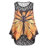 HebeTop◄ Women Butterfly Print Sleeveless Lace Panel Casual Shirt Oversized Loose Top Yellow