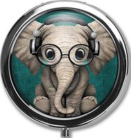 Elephant Custom Round Black Pill Case Pocket 2.1 inches Medicine Tablet Holder Organizer Case for Purse/Three-Compartment Pill Box/Black Pill Case