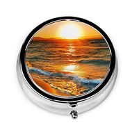 Beach Sunset Pill Box Round Metal Pill Case Three Compartment Pocket Tablet Medicine Storage for Purse