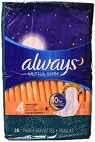 Always Ultra Thin Overnight W/Wings 28ct - Pack of 4