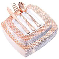 WDF 125PCS Rose Gold Plastic Plates with Disposable Plastic Silverware,Diamond Square Plastic Tableware include 25 Dinner Plates,25 Salad Plates,25 Forks, 25 Knives, 25 Spoons