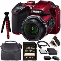 Nikon COOLPIX B500 Digital Camera (Red) 26508 + Sony 64GB UHS-I SDXC Memory Card (Class 10) + Flexible 12" Tripod + Small Soft Carrying Case + HDMI Cable + Card Reader + Memory Card Wallet Bundle