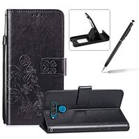 Black Leather Case for LG Q60,Strap Wallet Flip Cover for LG Q60,Herzzer Classic Pretty Four Leaf Clover Print Magnetic Card Slots Stand Folio Case with Soft TPU