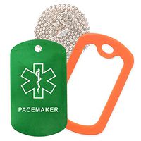Pacemaker Medical Alert ID Necklace with Green Tag, Orange Silencer, and 30'' USA Chain - 154 Color Choices
