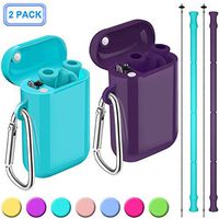 Henva 2 Pack Reusable Collapsible Straws for Kids Adult, BPA Free and Food-Grade Silicone Drinking Straws with Portable Case and Cleaning Brush for Juice, Coffee and Smoothie, Teal/Violet