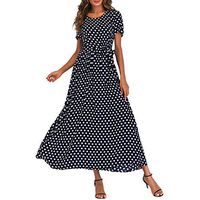 Youmymine Women Short Sleeve Dresses Fashion Dot Print Crew-Neck Belt Loose Beach Polka Bandage Long Maxi Dress (XXXL, Navy)