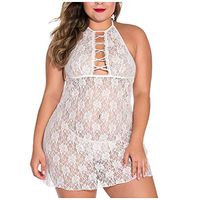Women Sexy Plus Size Lace Chemise Babydoll Silky Lingerie Dress with Lace Trim Thong
