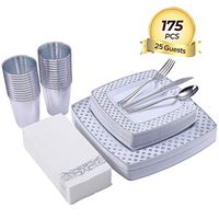 175 Piece Silver Dinnerware Set 25 Guest-50 Diamond Square Plastic Plates-25 Silver Plastic Silverware-25 Silver Plastic Cups-25 Linen Like Silver Paper Napkins, FOCUS LINE Disposable Dinnerware Set