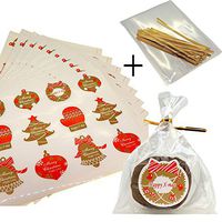 Christmas Holiday Element Sticker with Cello Treat Bags for Cookie Biscuits Candy Cake Baking Packaging, Pack of 120 Stickers and 100 Bags (10x15cm)