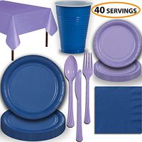 Disposable Party Supplies, Serves 40 - Blue and Lavender - Large and Small Paper Plates, 12 oz Plastic Cups, Heavyweight Cutlery, Napkins, and Tablecloths. Full Two-Tone Tableware Set
