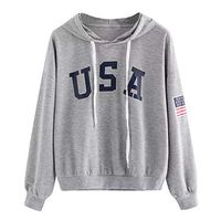CHIDY Women's USA Letter American Flag Printed Long Sleeve Drawstring Casual Hoodies Pullover USA Sweatshirt(Small,Gray)
