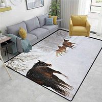 YucouHome Winter Natural Fiber Area Rug for Baby Nursery, Horses in The Snow Playing Having Fun in The Forest Seasonal Animal Photography, Easy Maintenance Area Rug Living Room Bedroom Carpet(2'x 3')