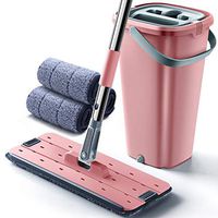 Flat Squeeze Mop and Bucket, Hand-Free Wringing Floor Cleaning Mop Handwash Wet and Dry Use on Floor, with 3 Mop Pads Stainless Steel Handle,Pink