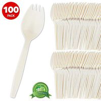 Eco Friendly Sporks (100 Count) Biodegradable Cutlery, Kid Safe 2 in 1 Utensils Compostable Cornstarch Sporks – Heavy Weight Fork Spoon Great for School Lunch, Cafeteria, Restaurant, Meals, Parties