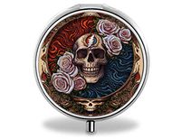 Pill Box - Portable Round Metal Silver Pills Pill Case, Compact 3 Space. Personalized Customized Pattern Design Pill Boxes, Pill Cases for Pills/Travel/Pocket/Purse. (Rose Skull Head)