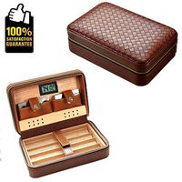 COMMODA Portable Genuine Leather Cedar Cigar Travel Case Cedar Humidor Digital Hygrometer Cutter Stand Set Wooden Box